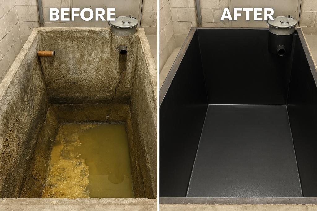 Before and after comparison of a concrete grease trap relined with a black HDPE liner. The left side shows a stained, cracked concrete interior, while the right side displays a smooth, seamless plastic-lined surface in a clean industrial setting.